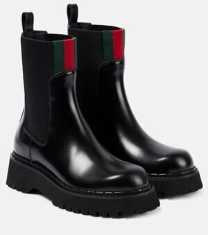 Gucci Web Stripe Leather Chelsea Boots Black Size 38.5 Brand New in Box